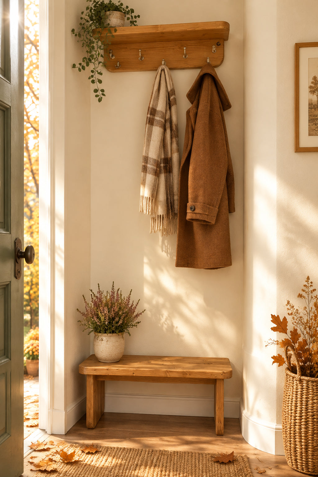 Entryway hanger hooks and small bench for shoes