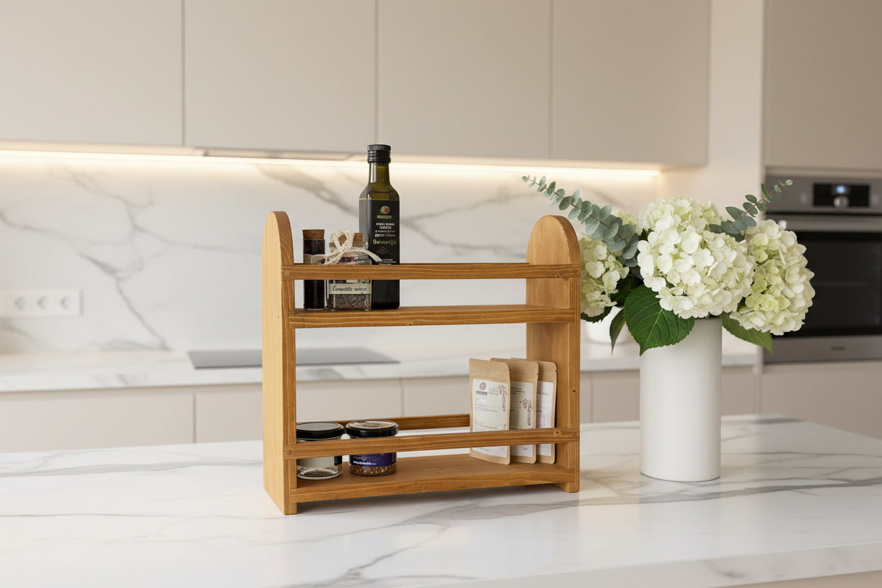Two tier Wooden shelf for spices and kitchen decor handmade from solid wood. 