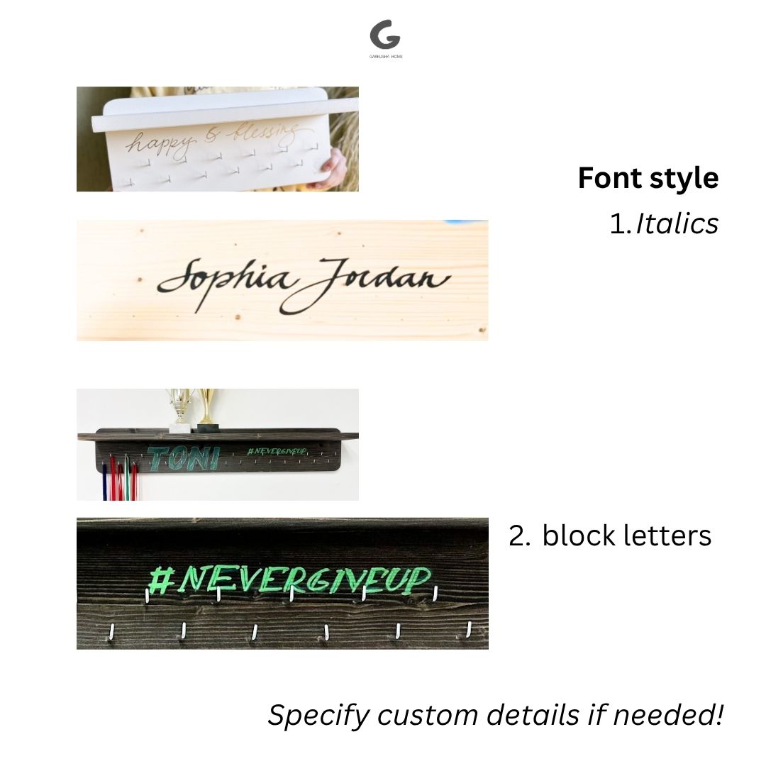Pie sienas stiprināms medaļu turētājs ar trofeju plauktu un personalizētiem āķiem