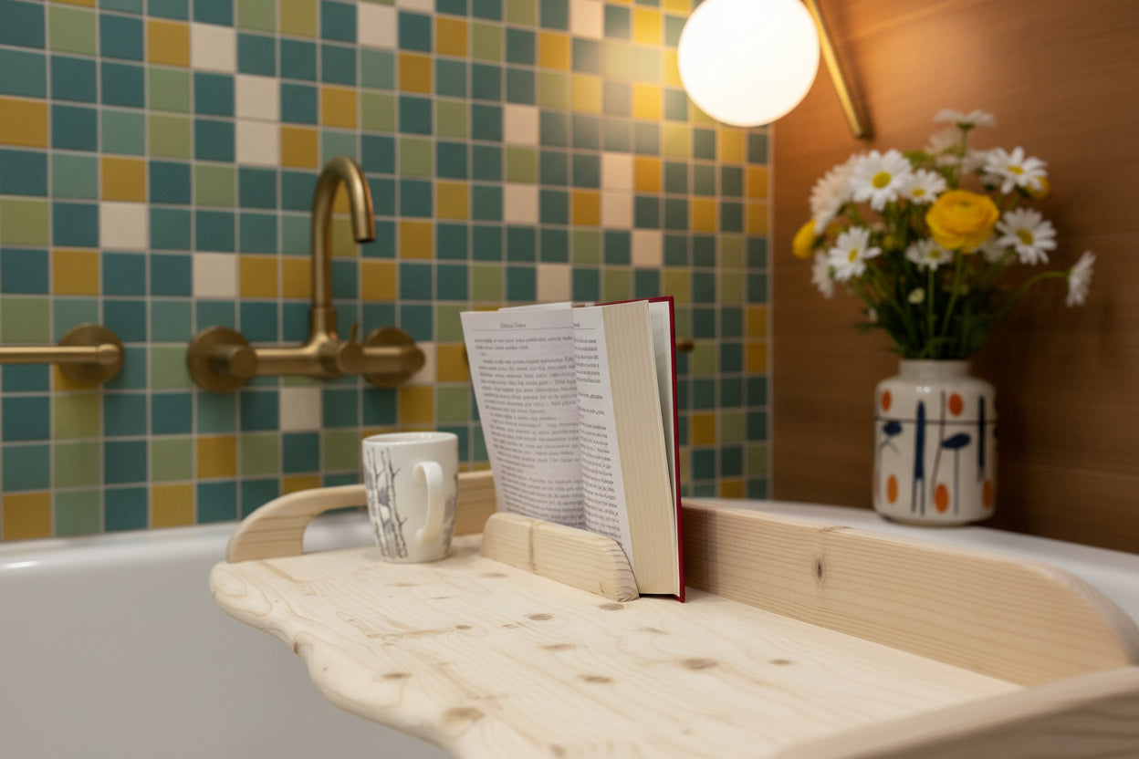 Bathtub caddy wooden bathroom tray for home spa relax rituals self care gift idea Handmade from solid wood with live edge