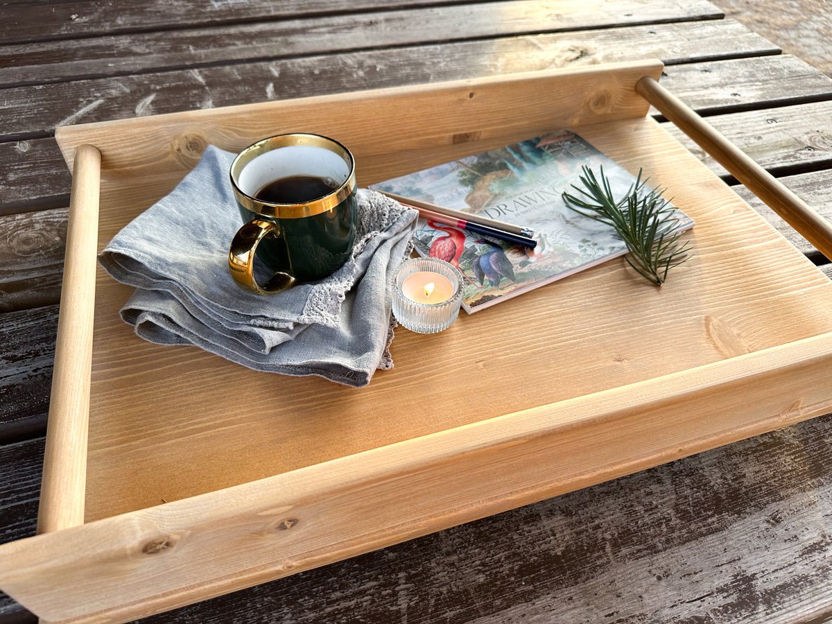 Wooden serving tray with handles large size