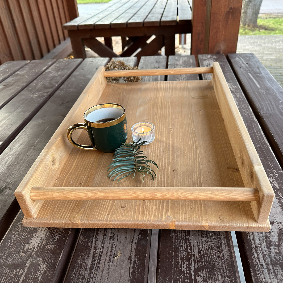 Wooden serving tray with handles large size