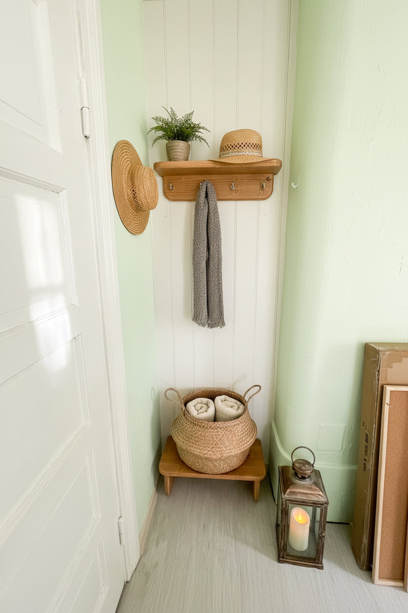Entryway hanger hooks and small bench for shoes
