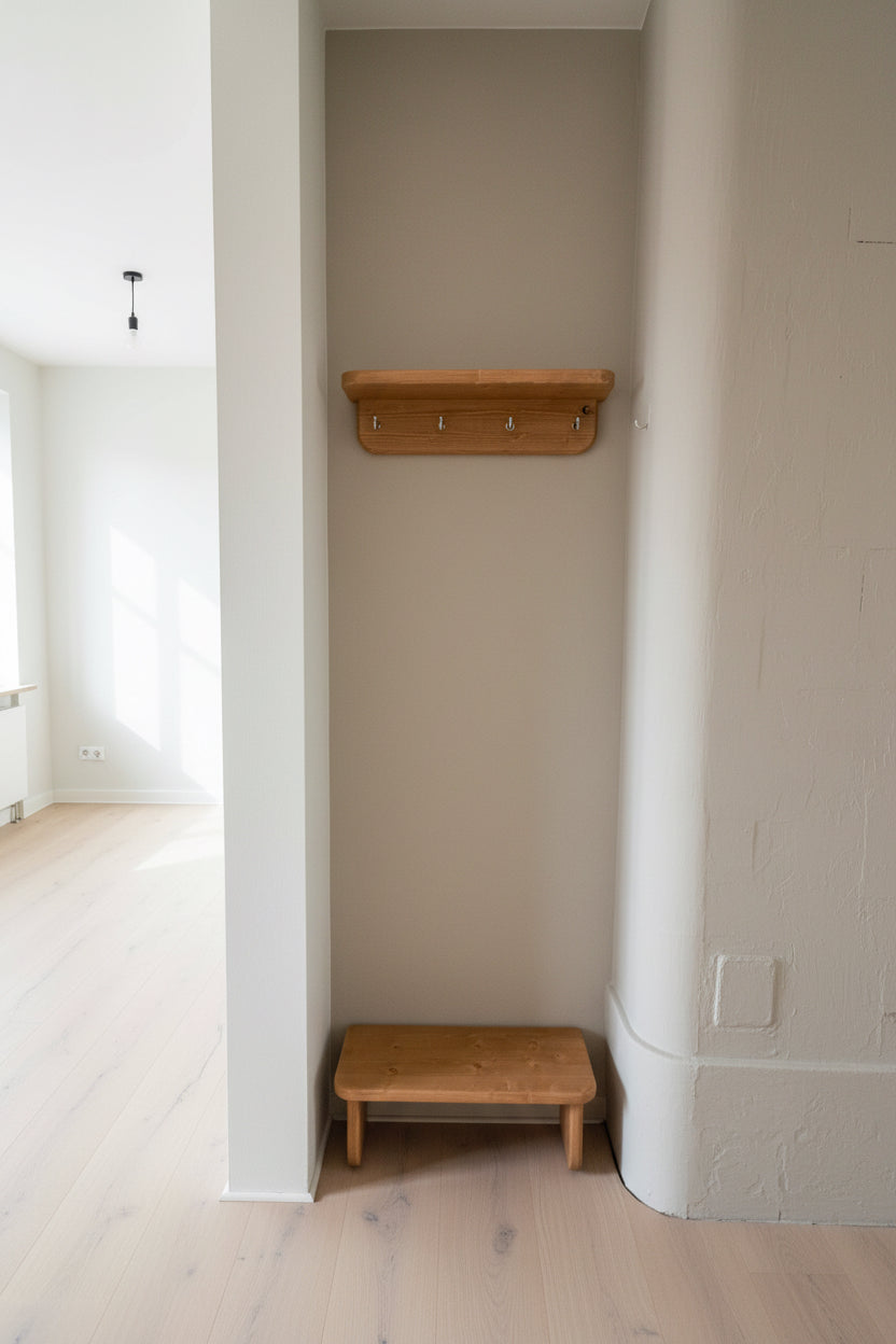 Entryway hanger hooks and small bench for shoes