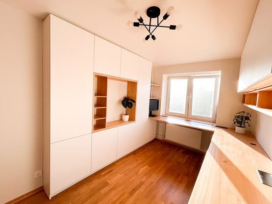 Home office large desks with windowsills, bookcase and display shelves