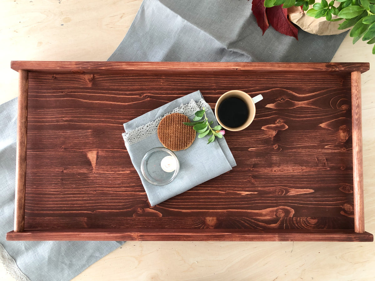 Wooden serving tray with handles large size