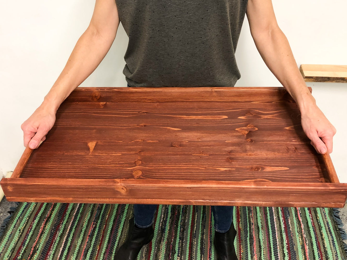 Wooden serving tray with handles large size