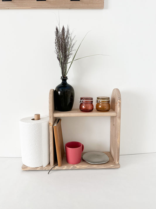 Paper towel holder with spice rack Two tier wooden kitchen countertop organiser Shelf with paper towel stand custom handmade