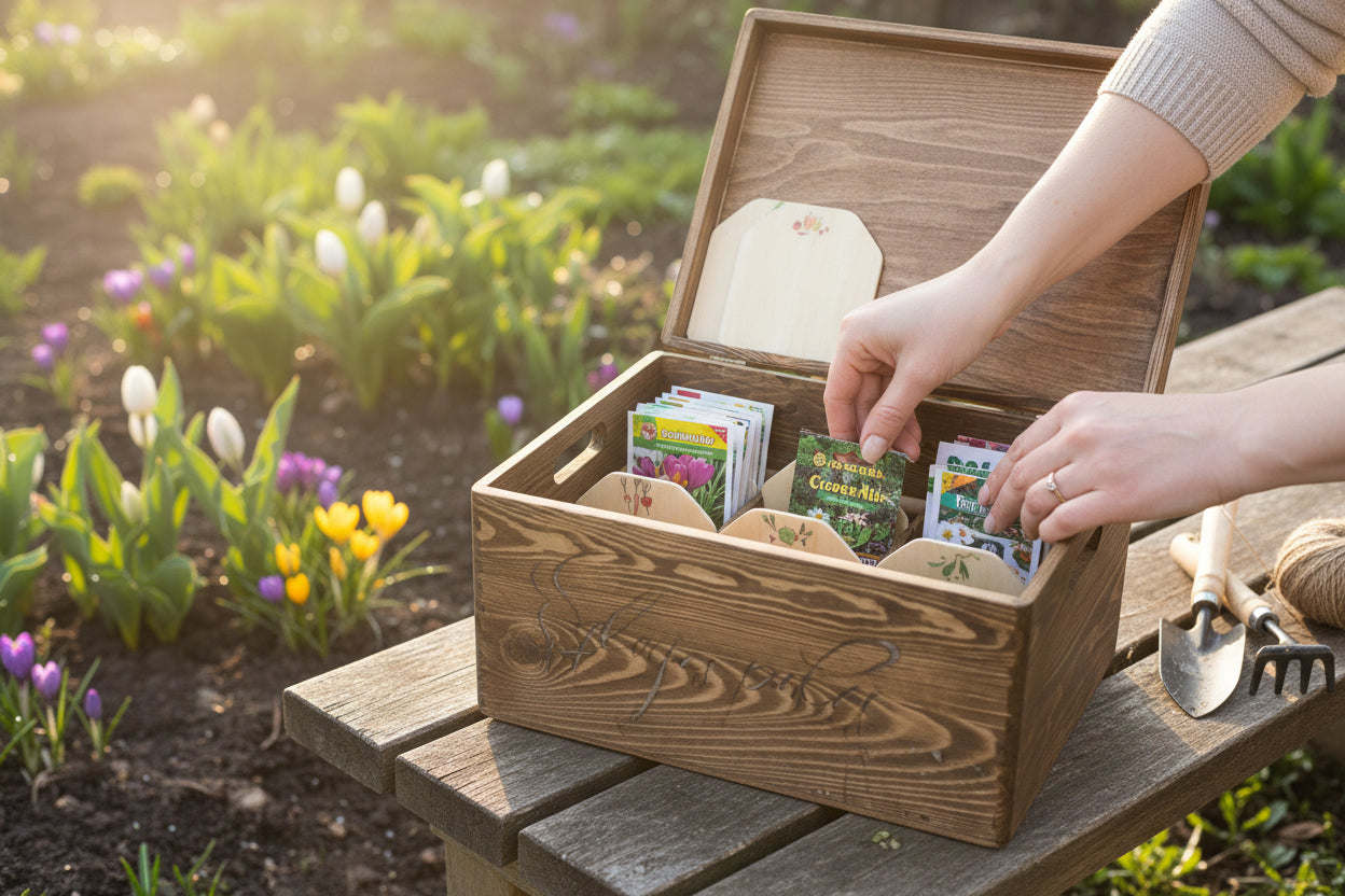 Custom seed storage keepsake box handmade from solid wood with compartments
