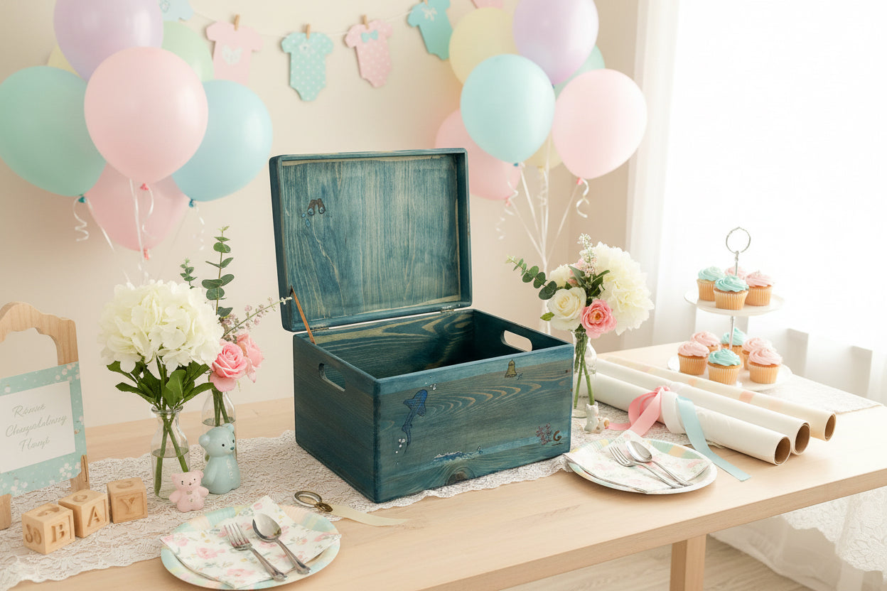 Blue ocean themed memory box personalised for storage babies first memories 