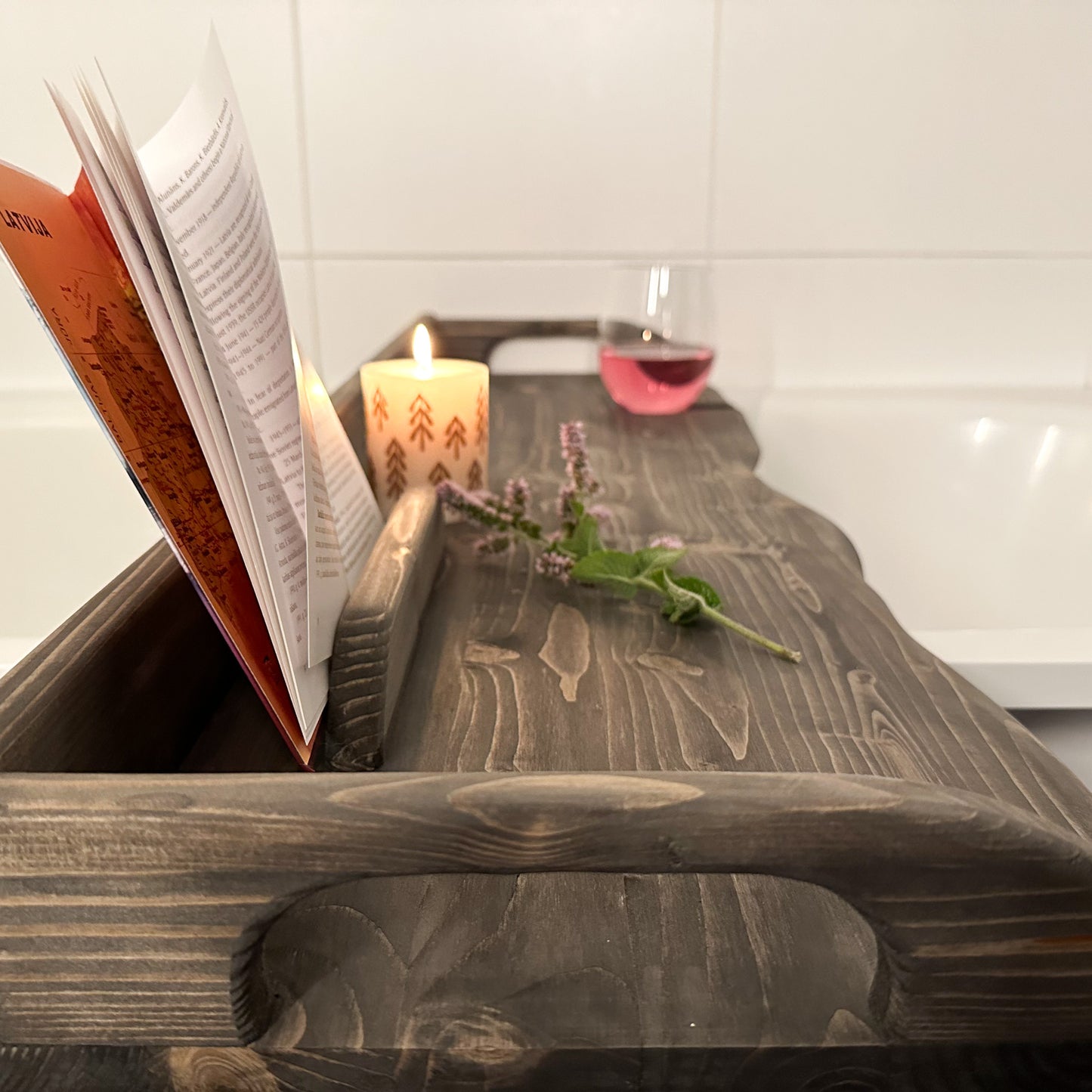 Bathtub caddy wooden bathroom tray for home spa relax rituals self care gift idea Handmade from solid wood with live edge