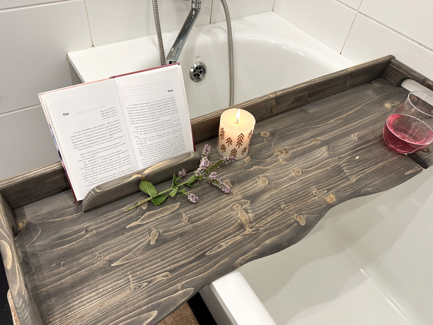 Bathtub caddy wooden bathroom tray for home spa relax rituals self care gift idea Handmade from solid wood with live edge