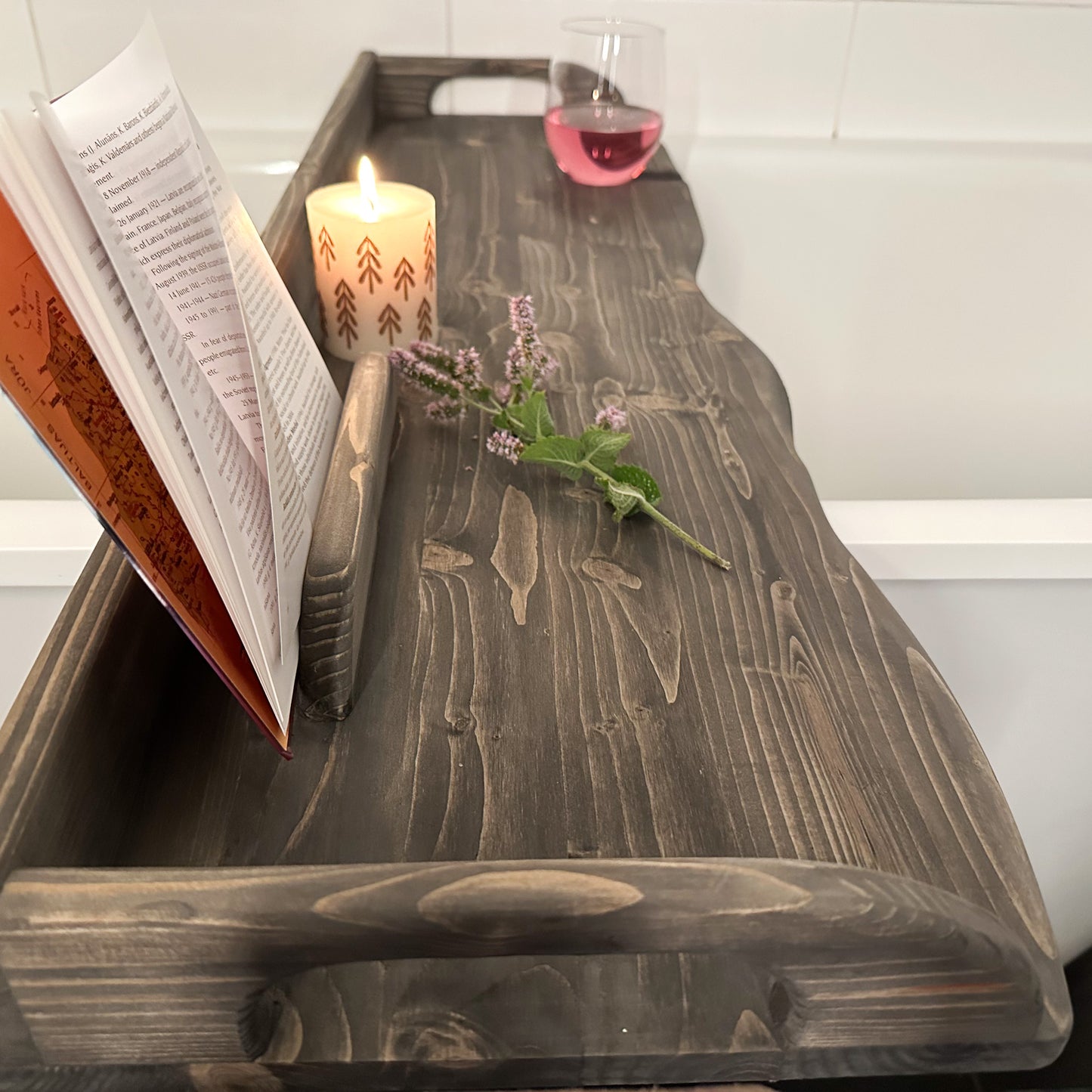 Bathtub caddy wooden bathroom tray for home spa relax rituals self care gift idea Handmade from solid wood with live edge