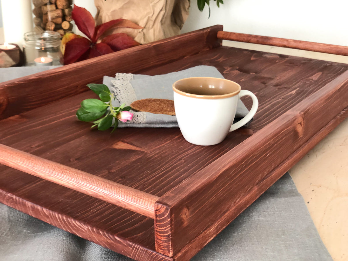 Wooden serving tray with handles large size