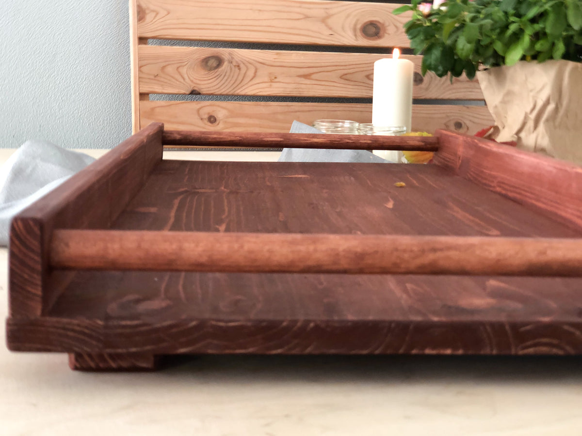 Wooden serving tray with handles large size