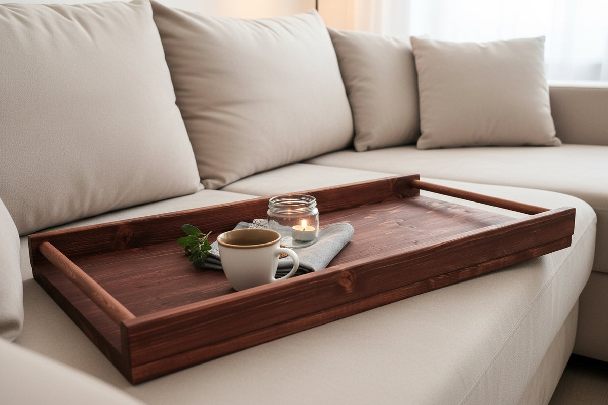 Wooden serving tray with handles large size