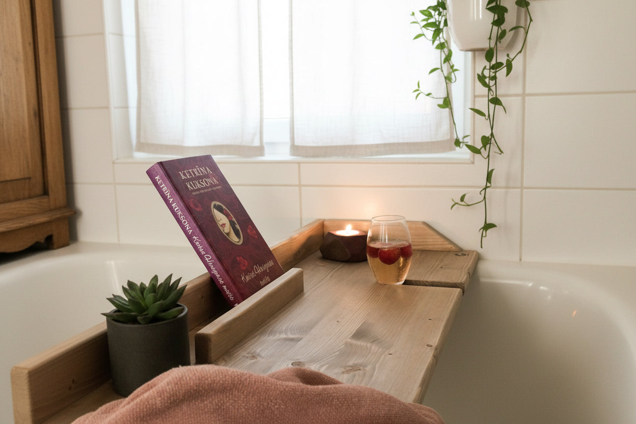 rustic wooden. bathroom shelf across bathtub handmade