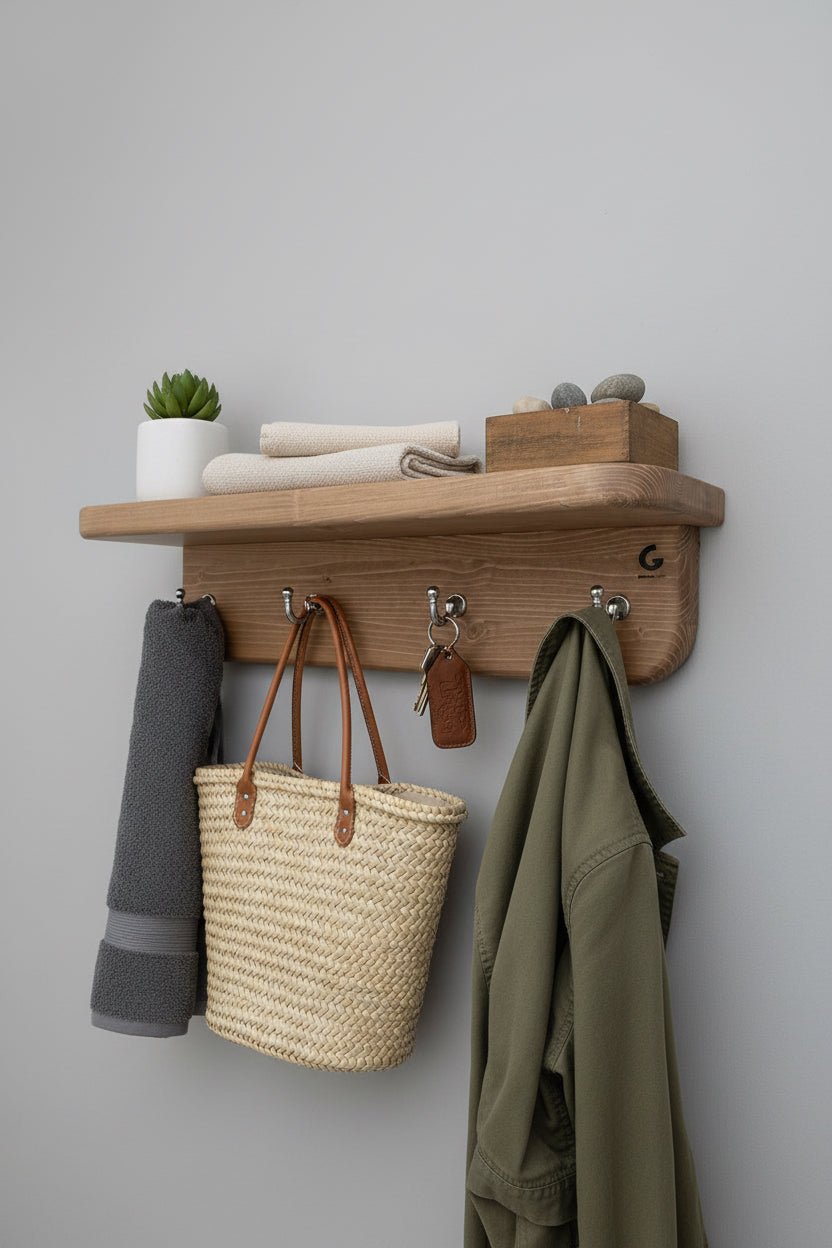 Entryway hanger hooks and small bench for shoes